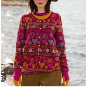 Gudrun Sjoden multi color floral&bird print cardigan sweater sz Large